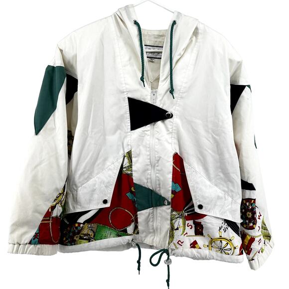 Vintage Mulberry Street Full Zip Windbreaker Jacket 90 Ski Hood Abstract White M - Picture 2 of 7